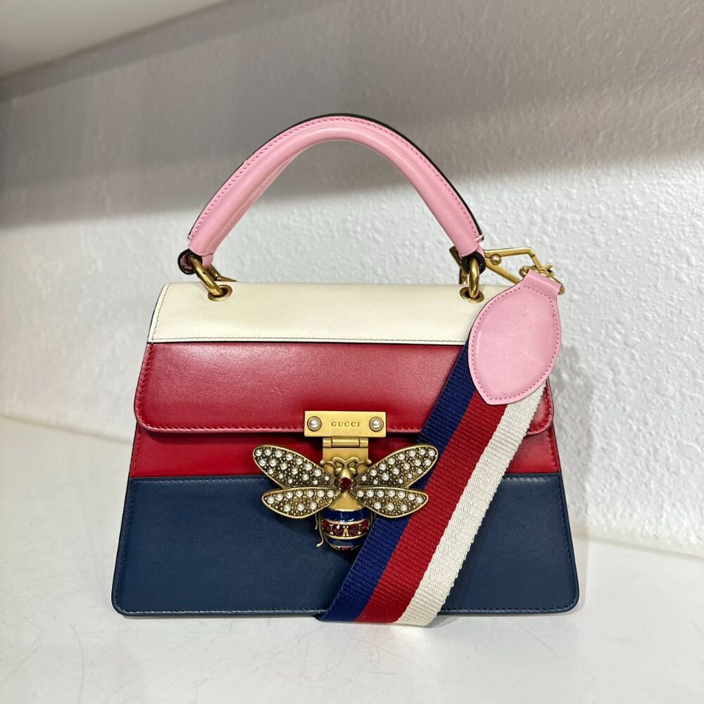Gucci Tri-Color Leather Queen Bees Top Handle Shoulder Bag Crossbody